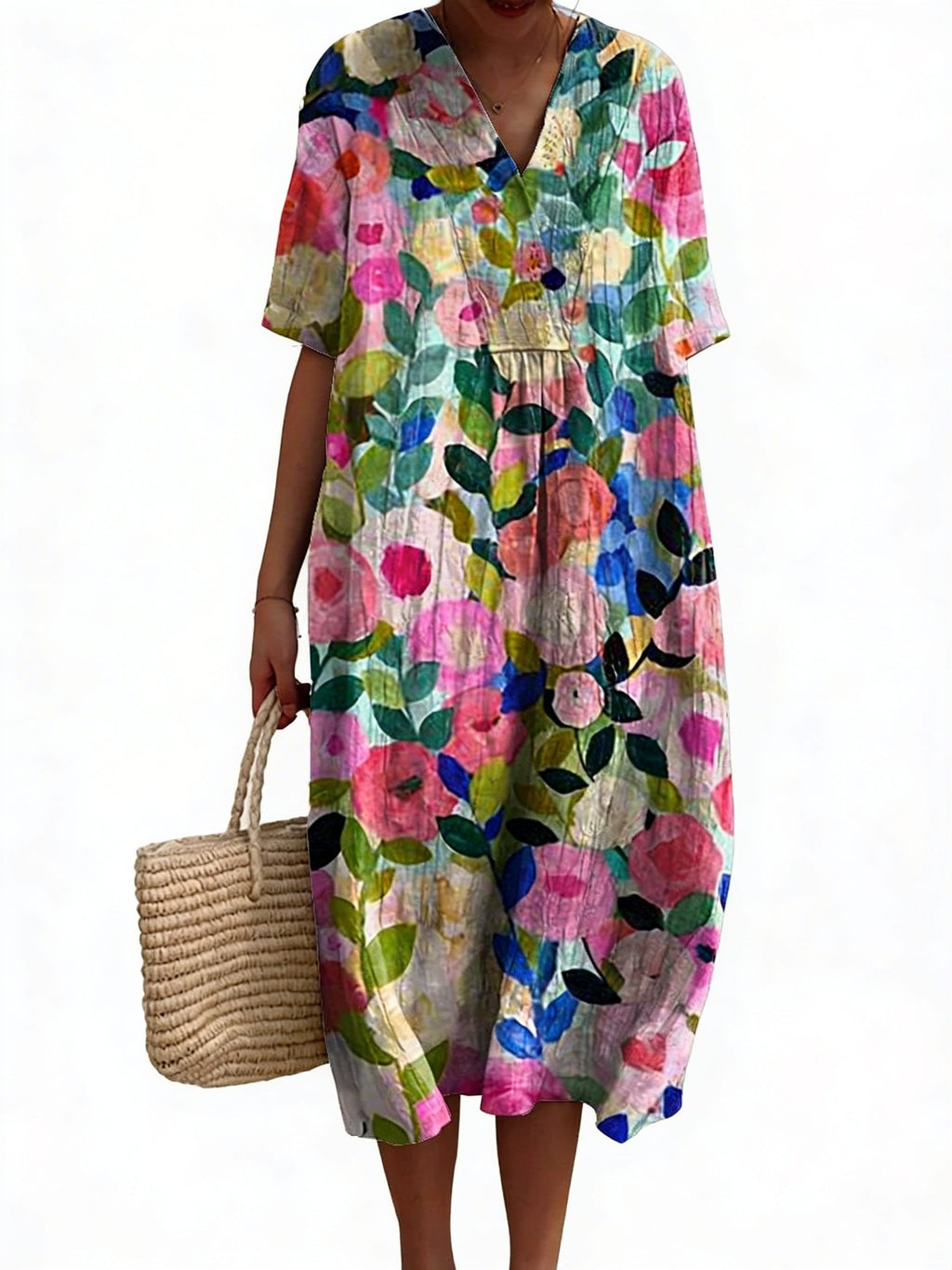 Womens Midi Dress V Neck Short Sleeve Floral Print