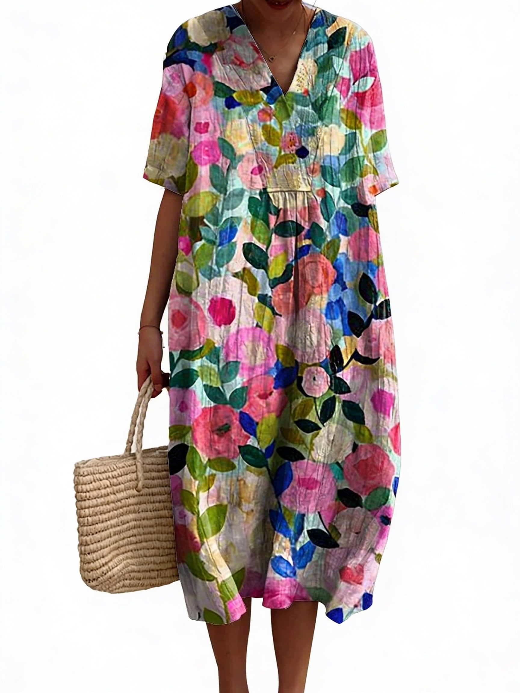 Womens Midi Dress V Neck Short Sleeve Floral Print