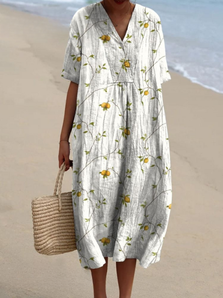 Womens Midi Dress V Neck Short Sleeve Floral Print