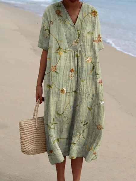 Womens Midi Dress V Neck Short Sleeve Floral Print