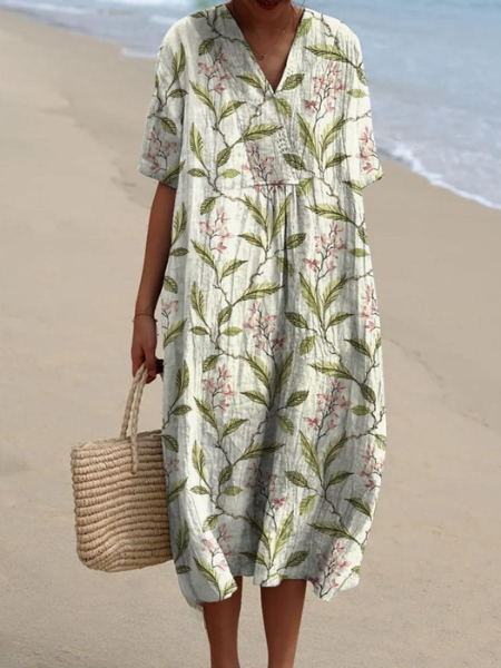 Womens Midi Dress V Neck Short Sleeve Floral Print