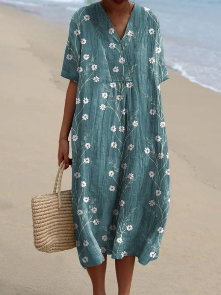 Womens Midi Dress V Neck Short Sleeve Floral Print