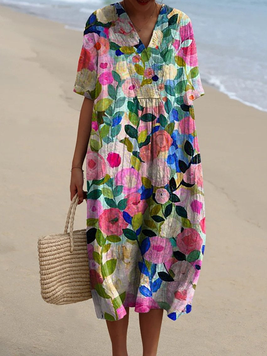 Womens Midi Dress V Neck Short Sleeve Floral Print