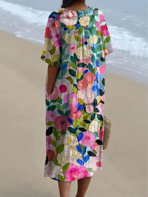 Womens Midi Dress V Neck Short Sleeve Floral Print