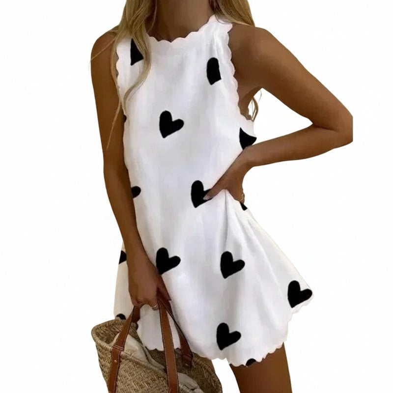 Womens Mini Dress Round Neck Sleeveless Wavy Hem