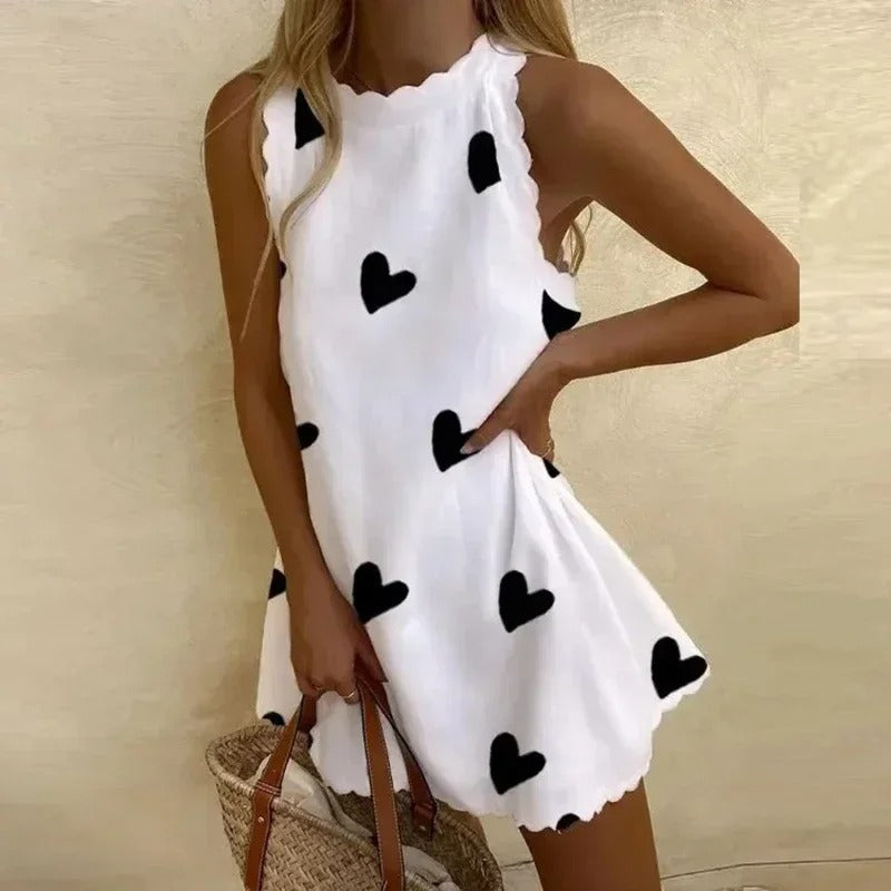 Womens Mini Dress Round Neck Sleeveless Wavy Hem