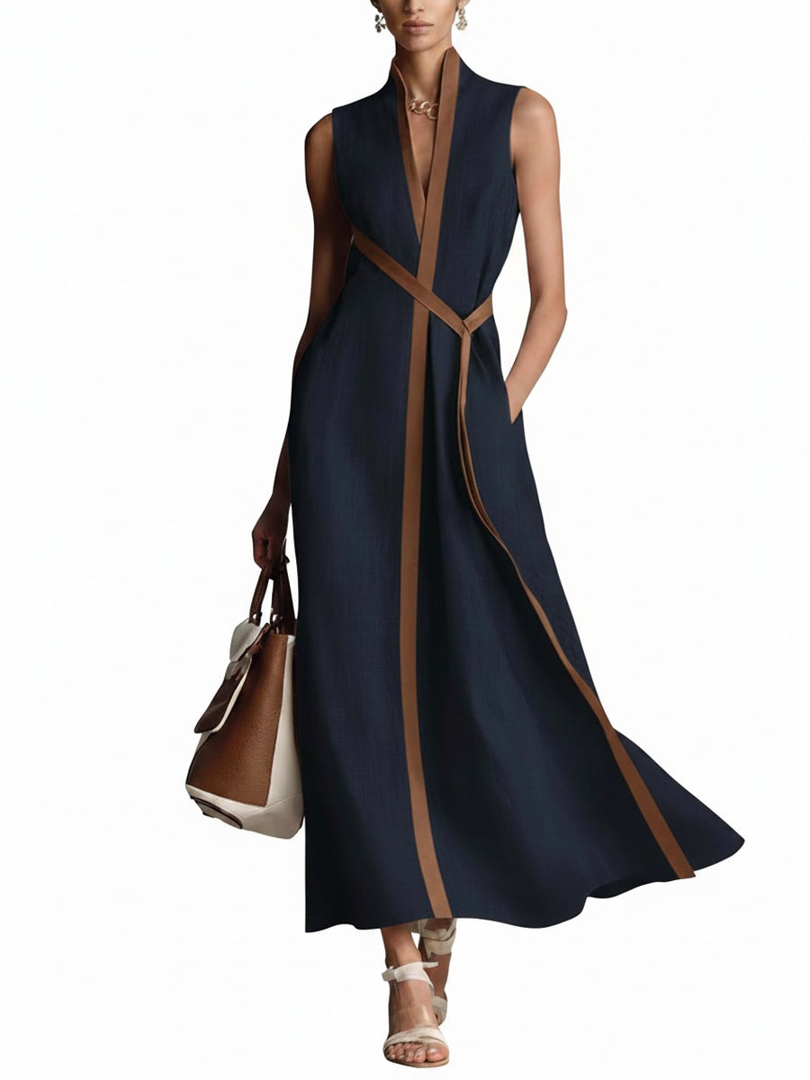 Womens Maxi Dress V Neck Sleeveless Contrast Trim