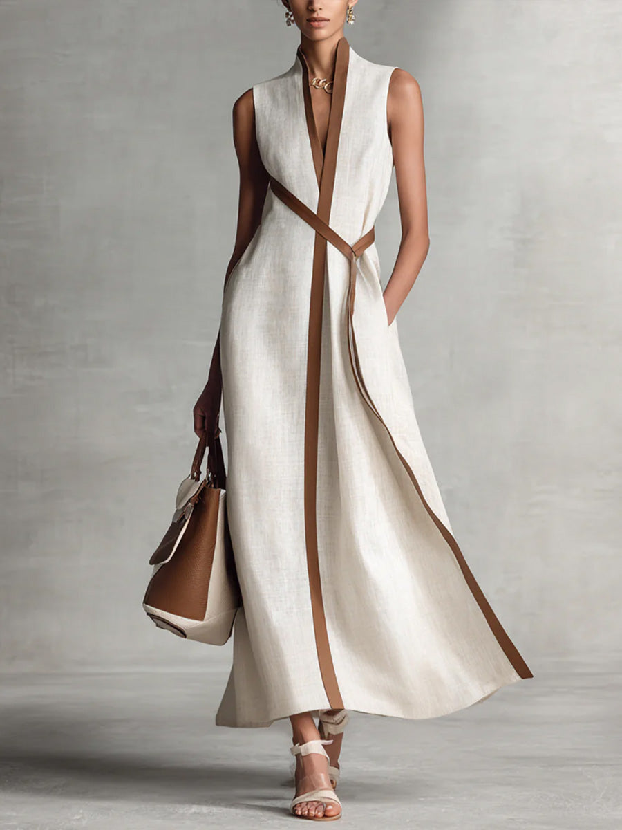 Womens Maxi Dress V Neck Sleeveless Contrast Trim