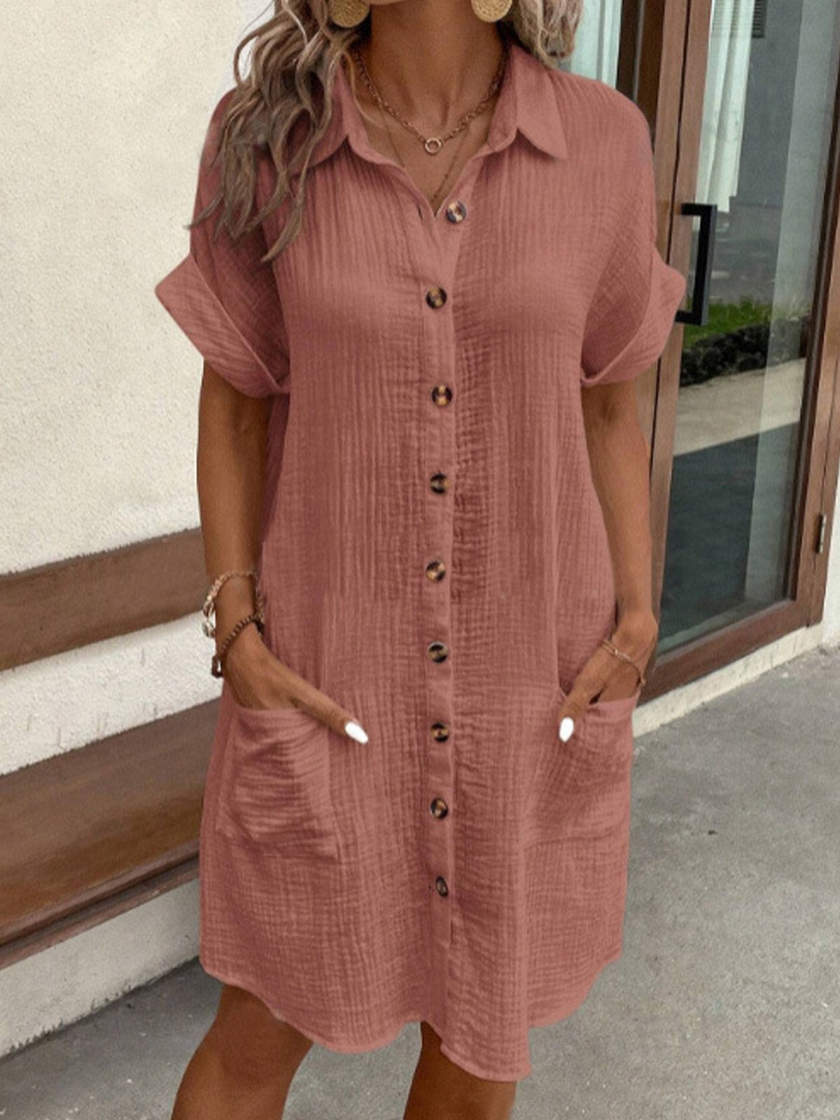 Womens Shirt Dress Short Sleeve Button Pockets