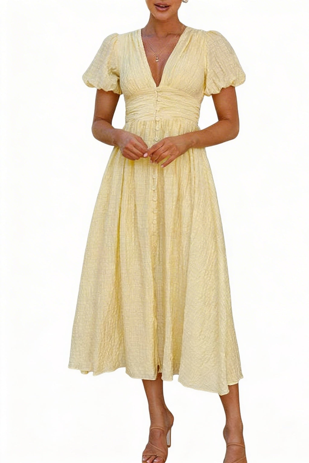 Womens Midi Summer Dress V Neck Puff Sleeve Button