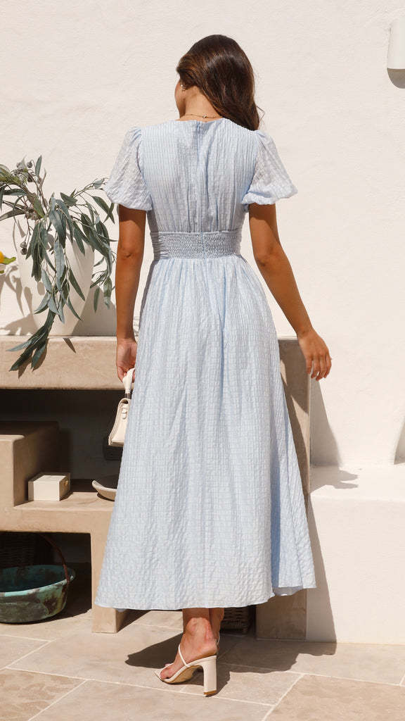 Womens Midi Summer Dress V Neck Puff Sleeve Button