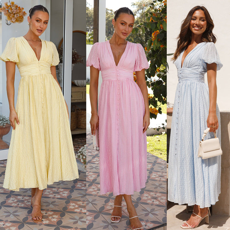Womens Midi Summer Dress V Neck Puff Sleeve Button