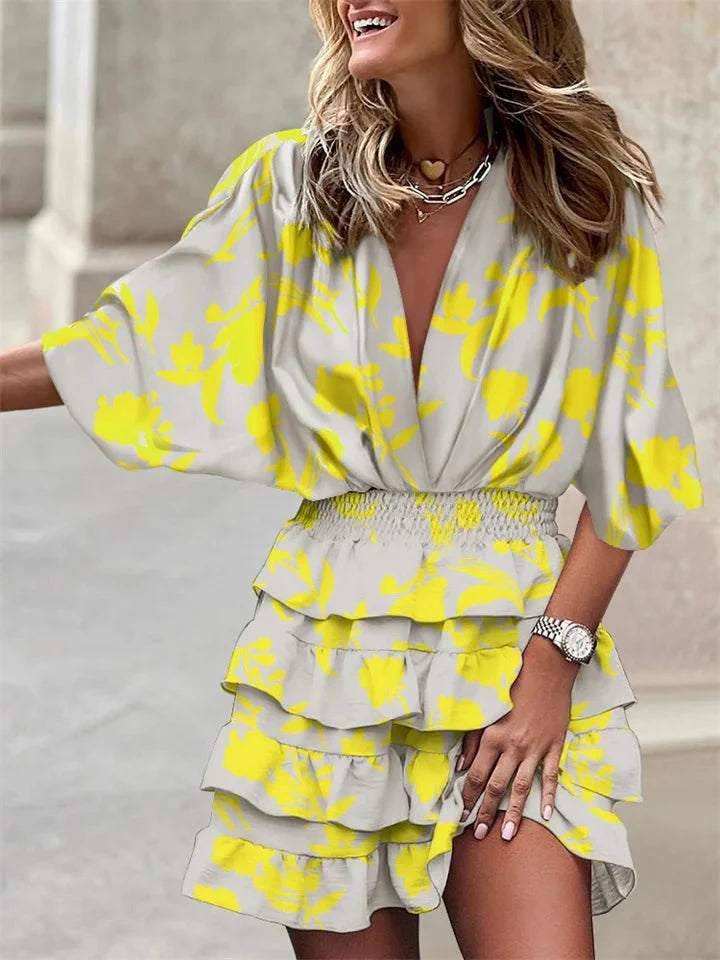 Womens Summer Dress V Neck Short Sleeve Ruffle