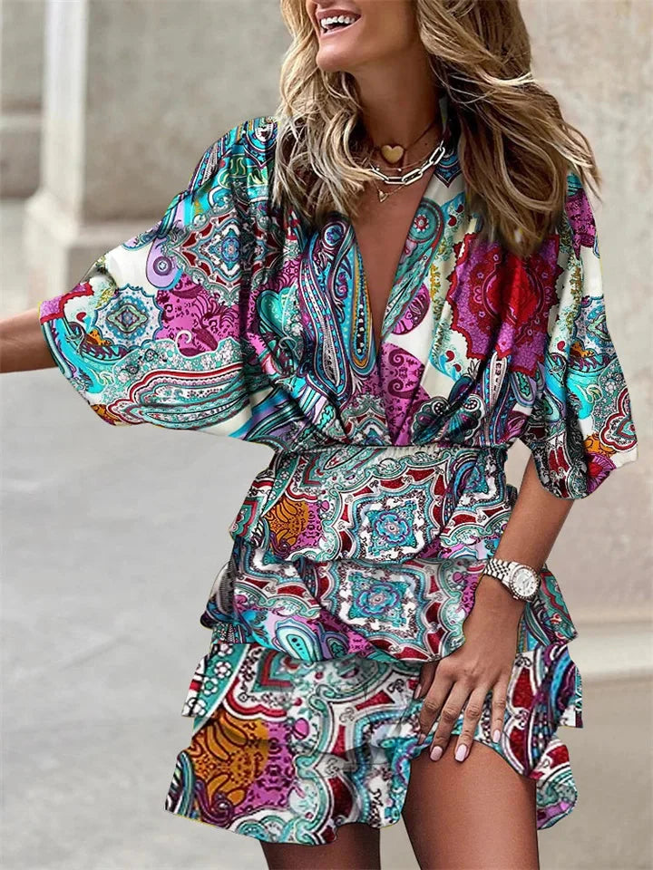 Womens Summer Dress V Neck Short Sleeve Ruffle