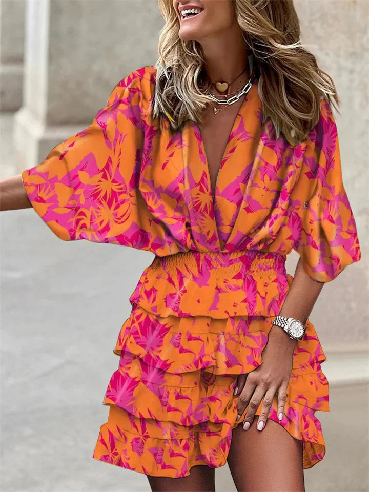 Womens Summer Dress V Neck Short Sleeve Ruffle