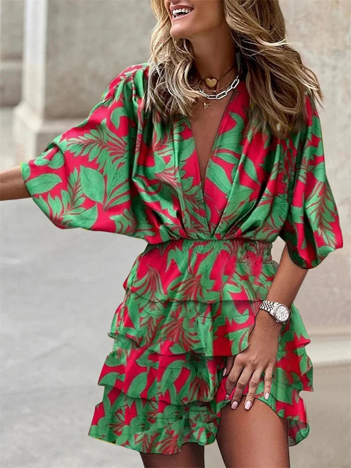 Womens Summer Dress V Neck Short Sleeve Ruffle