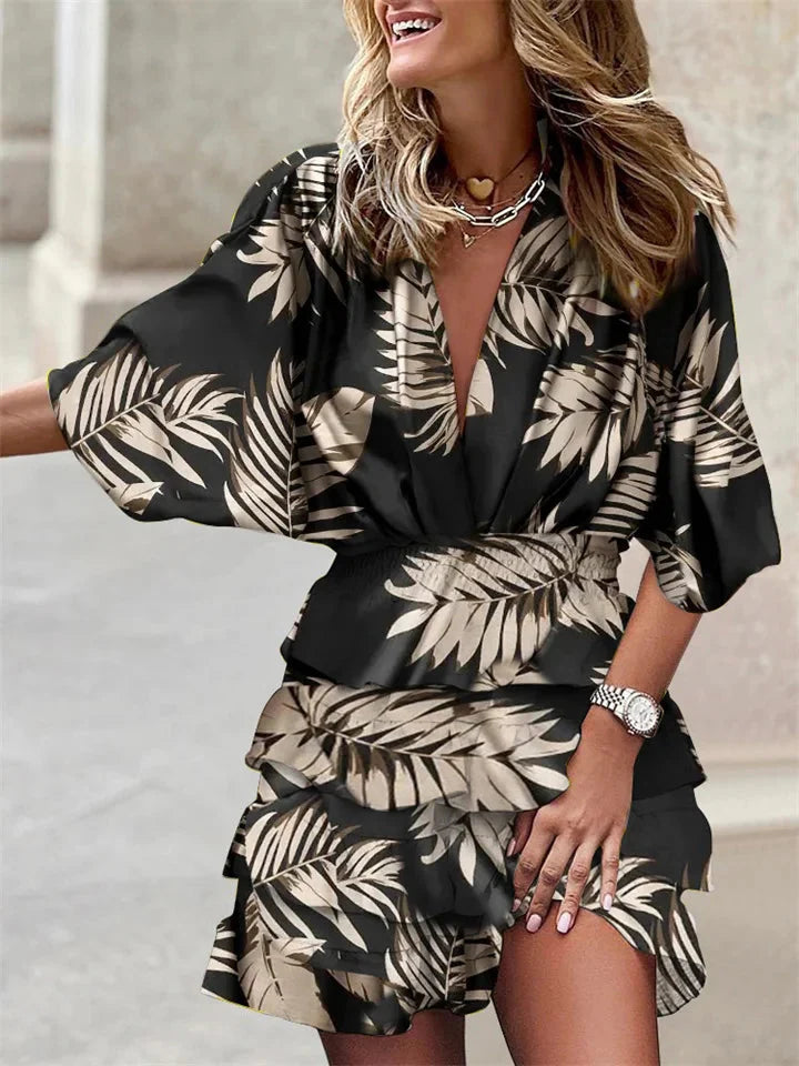 Womens Summer Dress V Neck Short Sleeve Ruffle