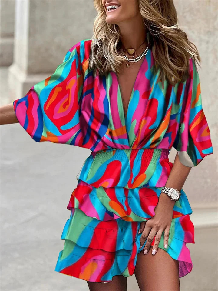 Womens Summer Dress V Neck Short Sleeve Ruffle