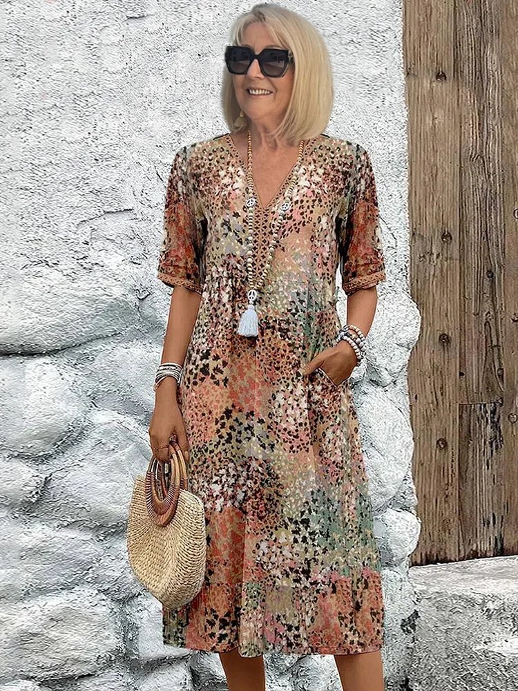 Colorful Printed Midi Dress Pockets