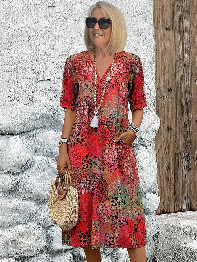 Colorful Printed Midi Dress Pockets