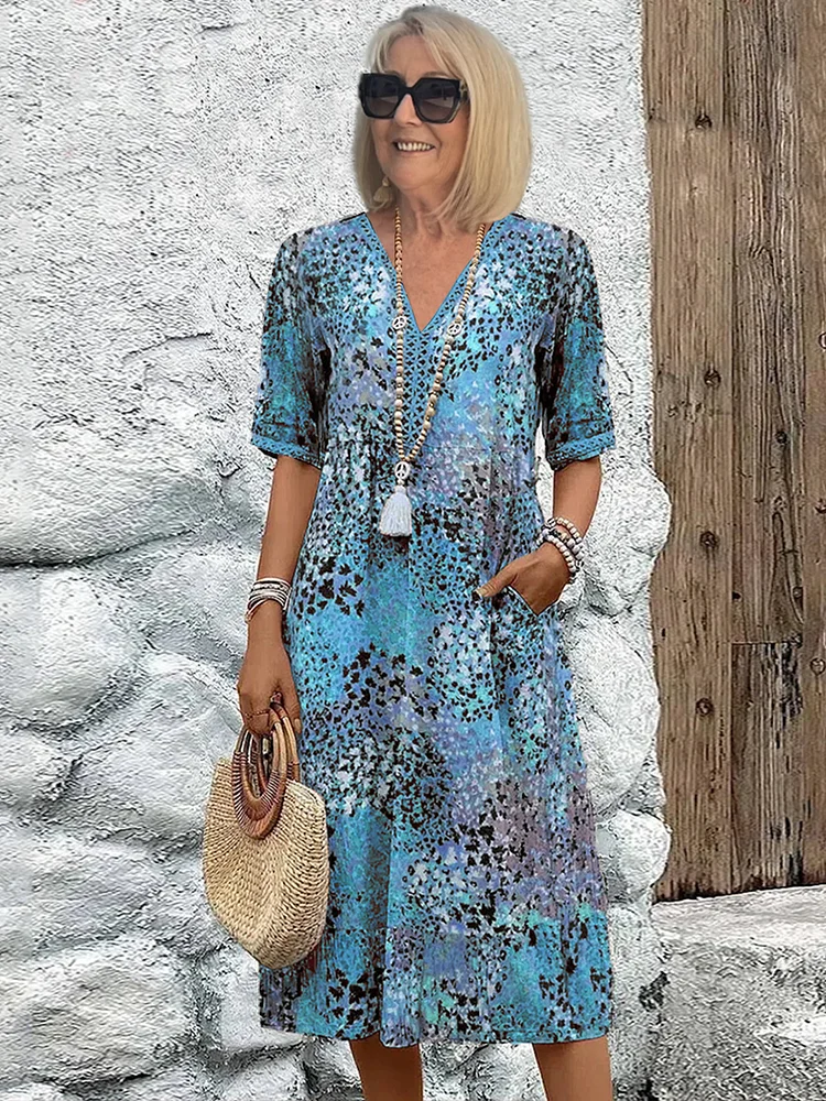 Colorful Printed Midi Dress Pockets