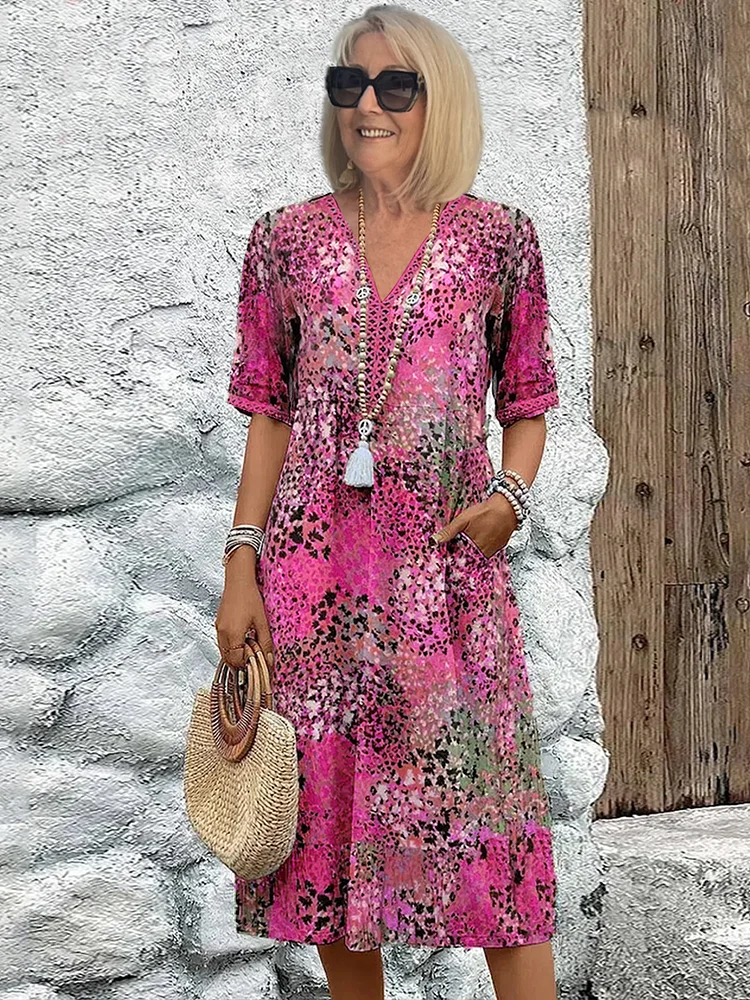 Colorful Printed Midi Dress Pockets