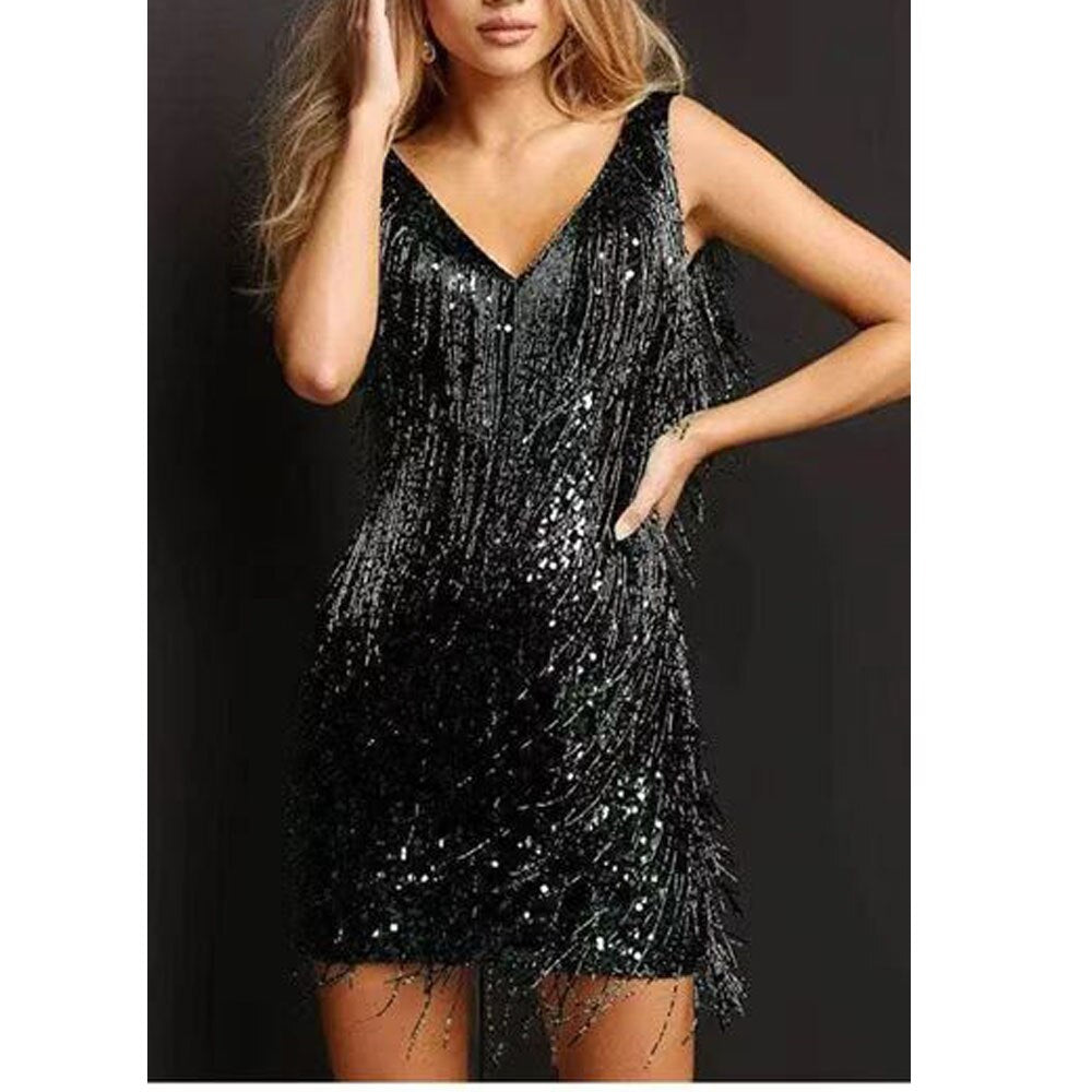 Womens Cocktail Mini Dress Fringe Sequin