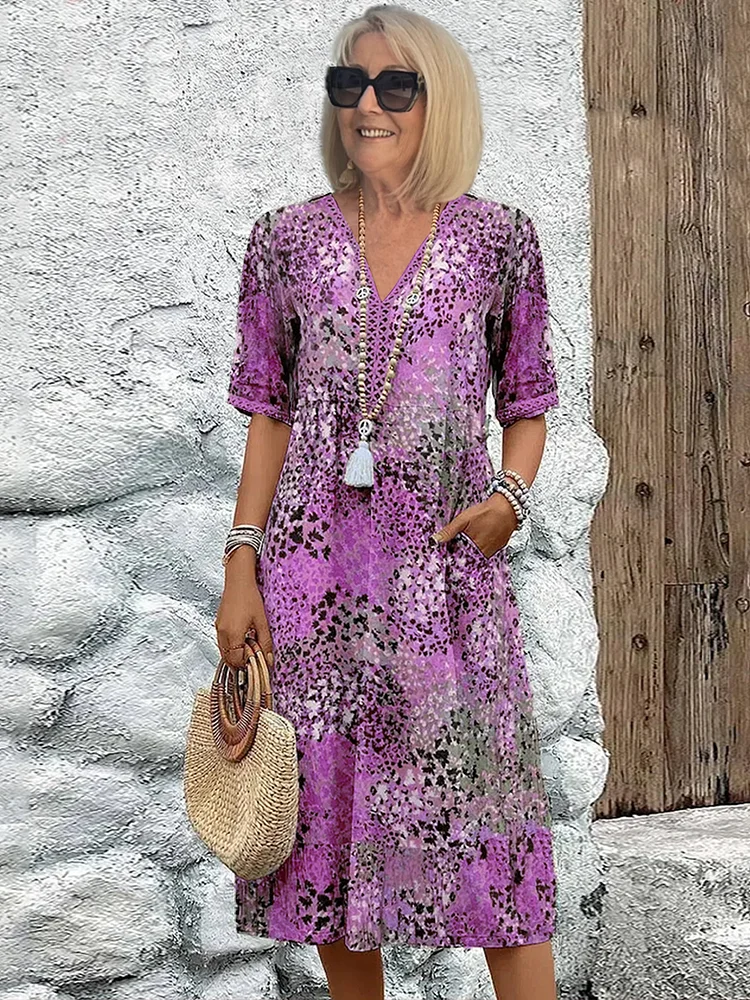 Colorful Printed Midi Dress Pockets
