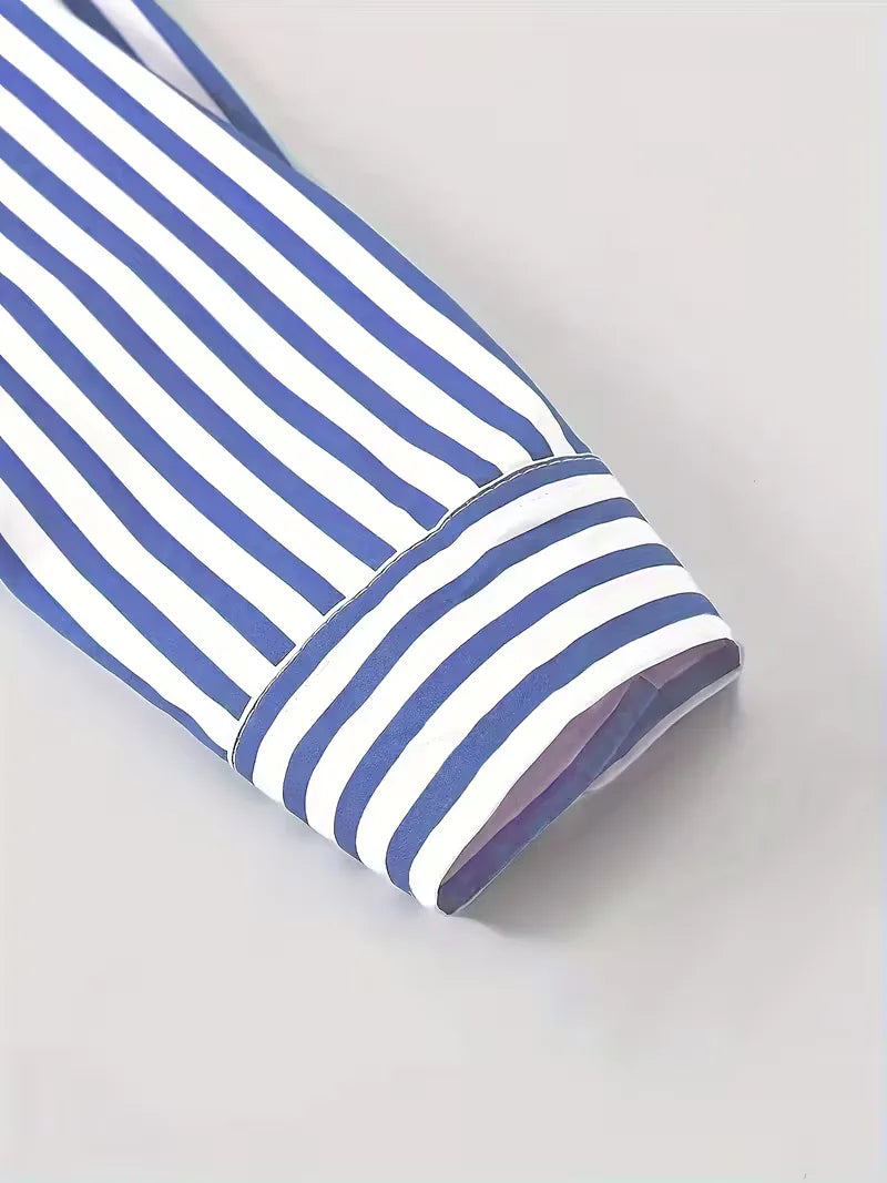 Mens Vertical Stripe Dress Shirt Mandarin Collar