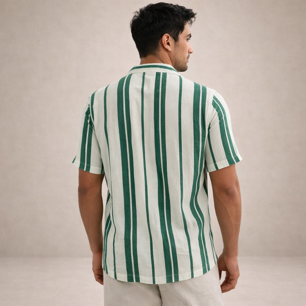 Mens Linen Shirt Striped Long Sleeve Regular Fit