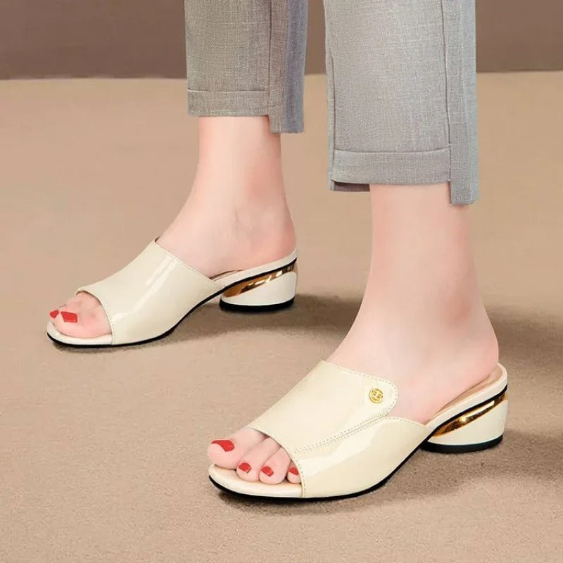 Glossy Slide Sandals Low Heel