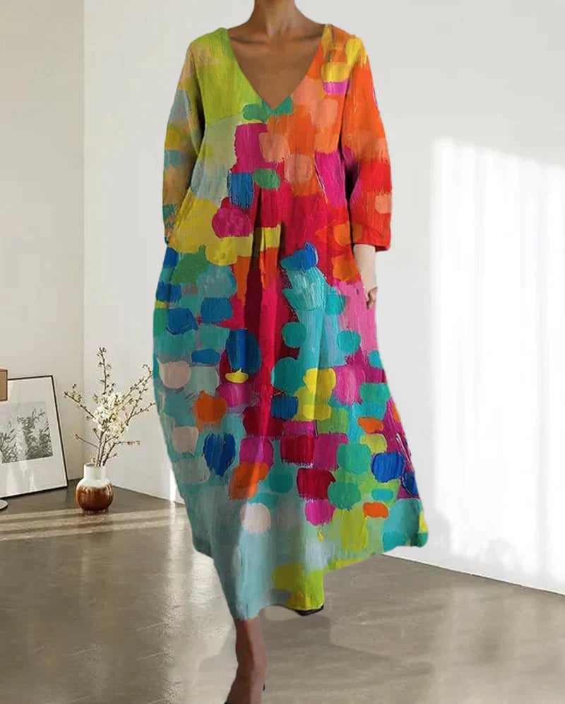 Womens Oversized Midi Summer Dress V Neck Print