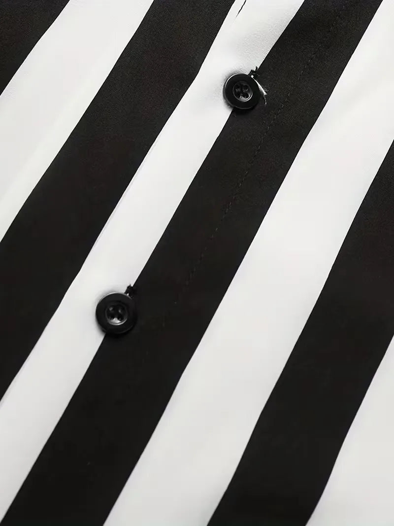 Mens Vertical Stripe Mandarin Collar Shirt