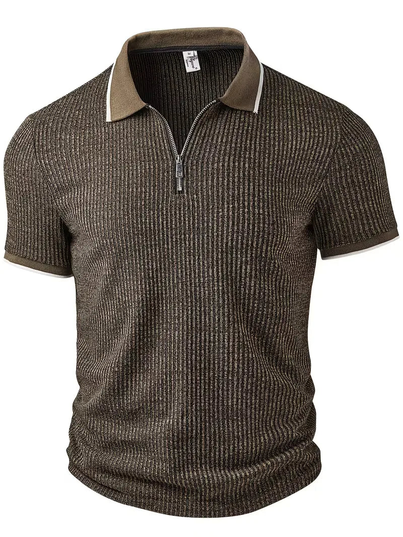 Mens V Neck Zip Polo Ribbed Texture