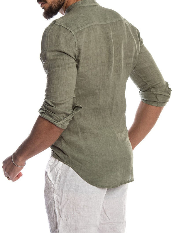 Mens Button Shirt Regular Fit Classic Collar Green