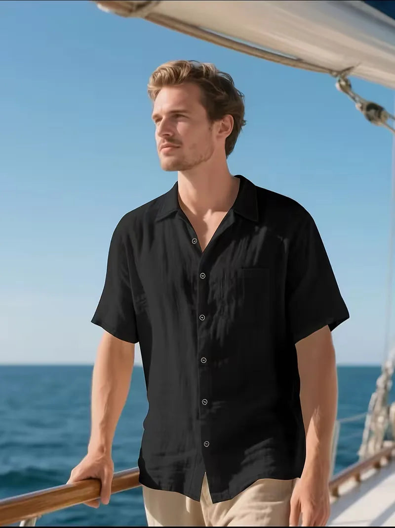 Mens Short Sleeve Linen Shirt Chest Pocket