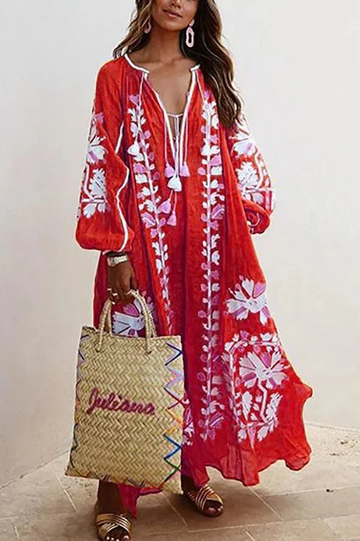 Womens Boho Maxi Dress Floral Print V Neck Five Color
