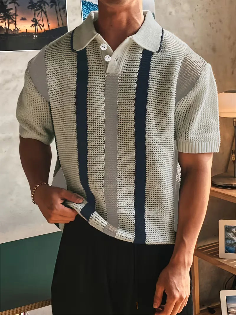 Mens Short Sleeve V Neck Striped Polo
