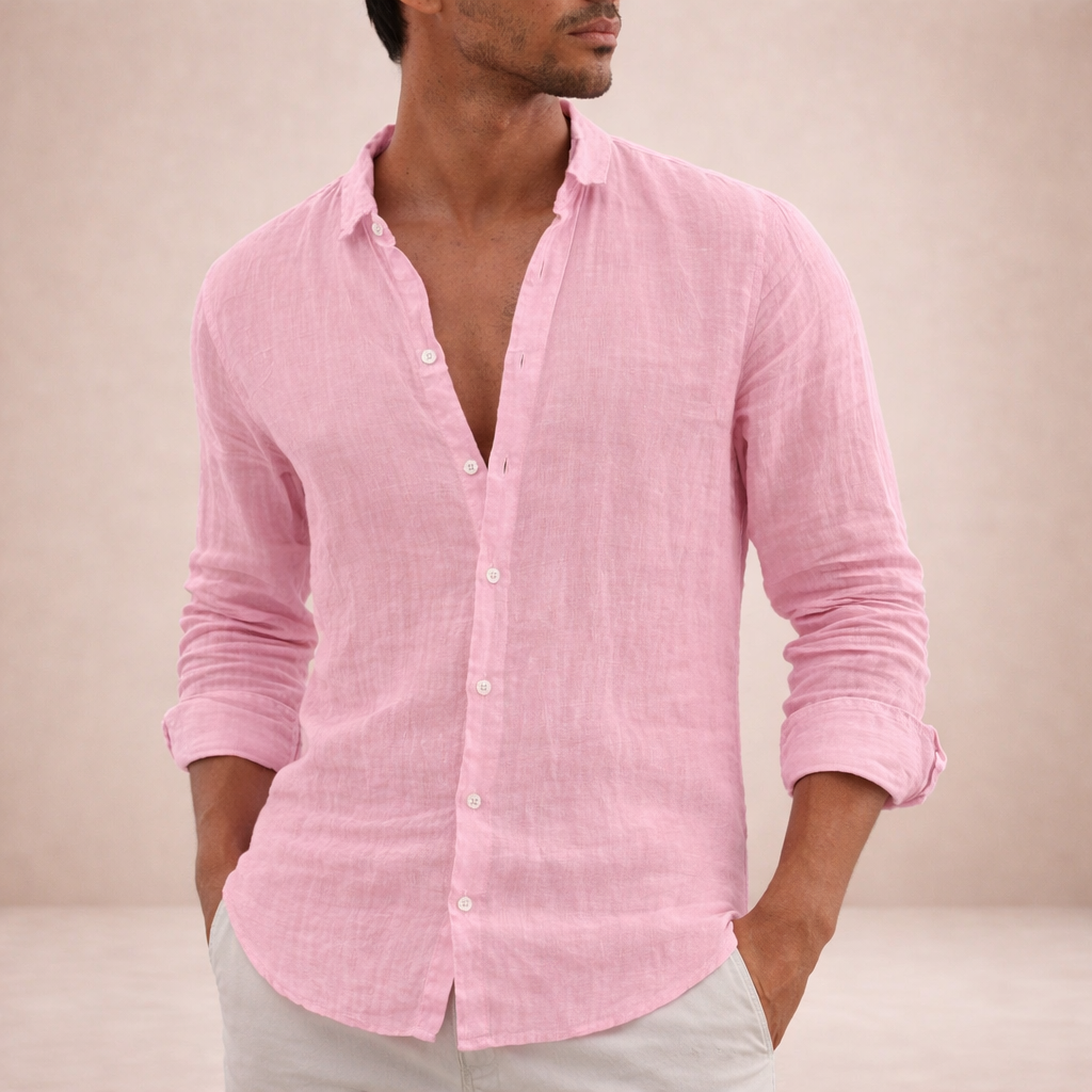 Mens Linen Shirt Open Collar Long Sleeve Regular Fit