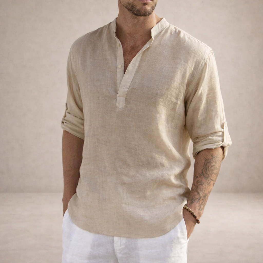 Men's Linen Shirt Regular Fit Breathable Stand-Up Collar Long Sleeves