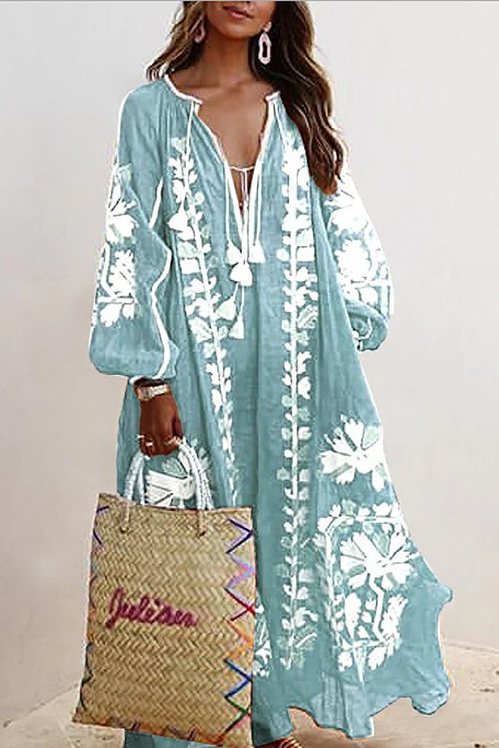 Womens Boho Maxi Dress Floral Print V Neck Five Color