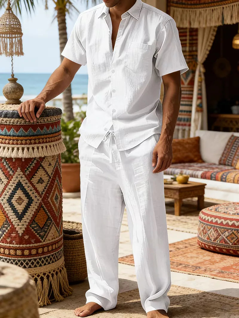 Mens Summer Linen Set Short Sleeve