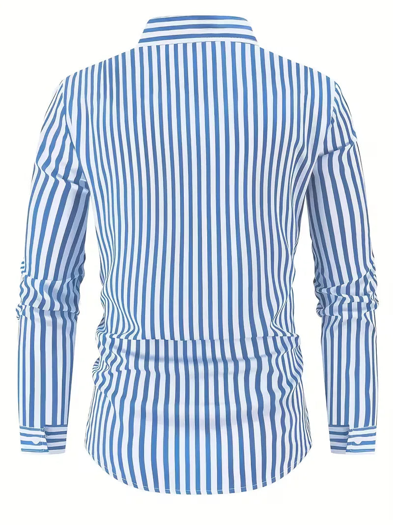 Mens Vertical Stripe Dress Shirt Mandarin Collar