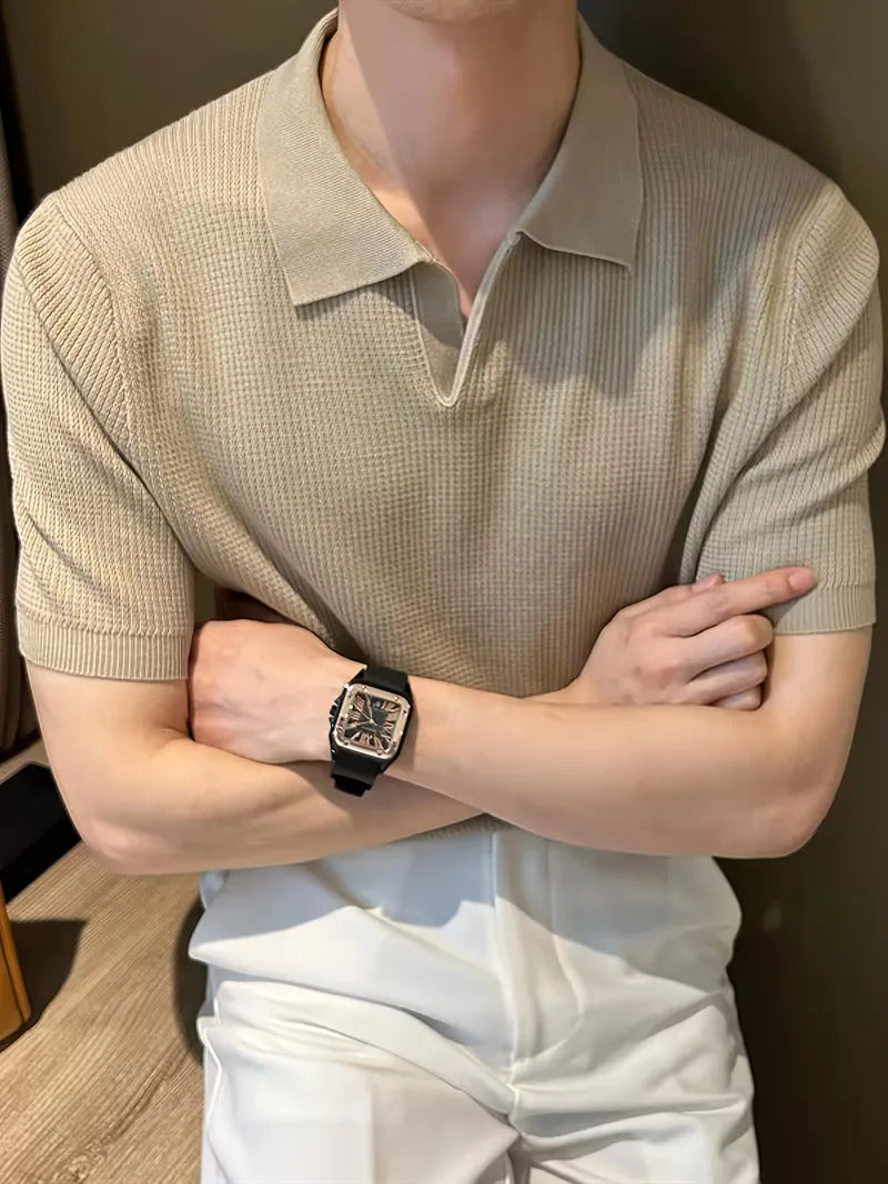 Mens V Neck Knitted Short Sleeve Polo