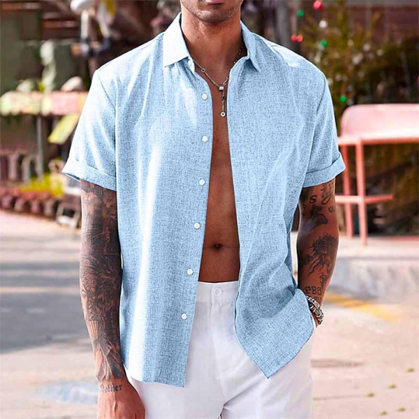 Mens Linen Shirt Short Sleeve Summer Five Color