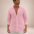 Mens Linen Shirt Open Collar Long Sleeve Regular Fit