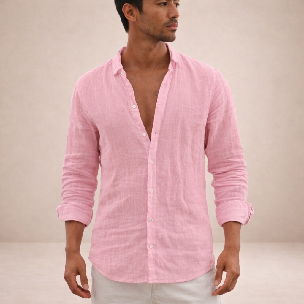 Mens Linen Shirt Open Collar Long Sleeve Regular Fit