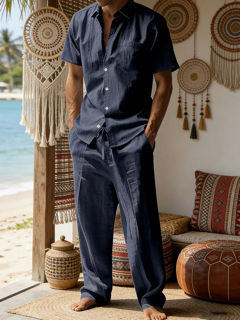 Mens Summer Linen Set Short Sleeve