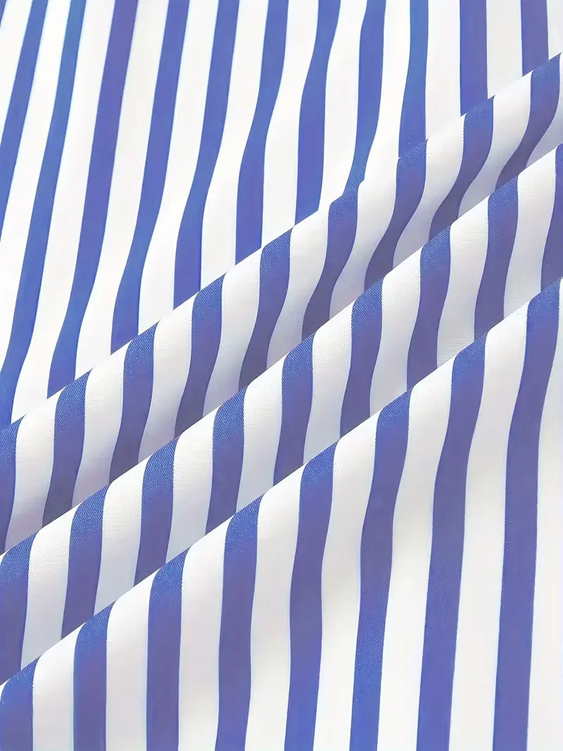 Mens Vertical Stripe Dress Shirt Mandarin Collar