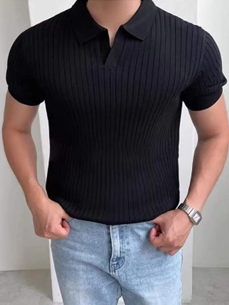 Mens V Neck Ribbed Texture Polo
